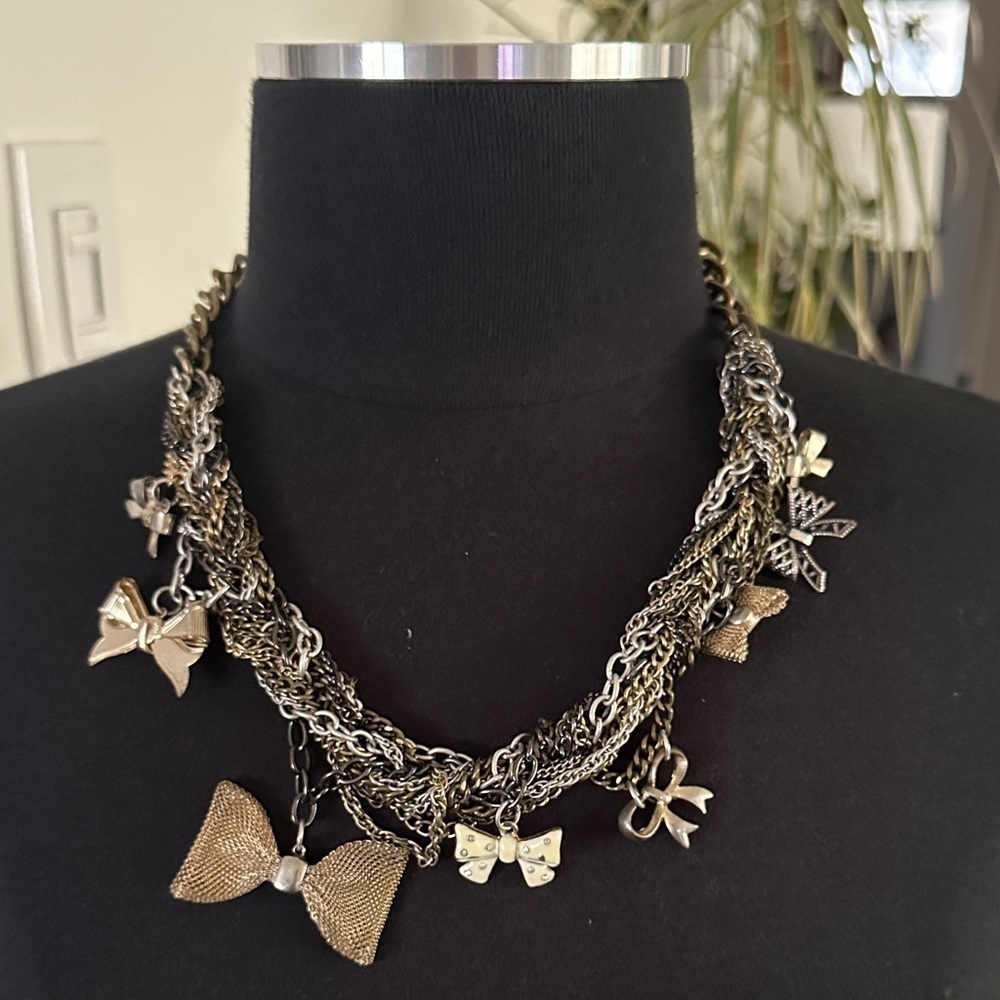 Statement Gold and Metal Bow Charm Necklace